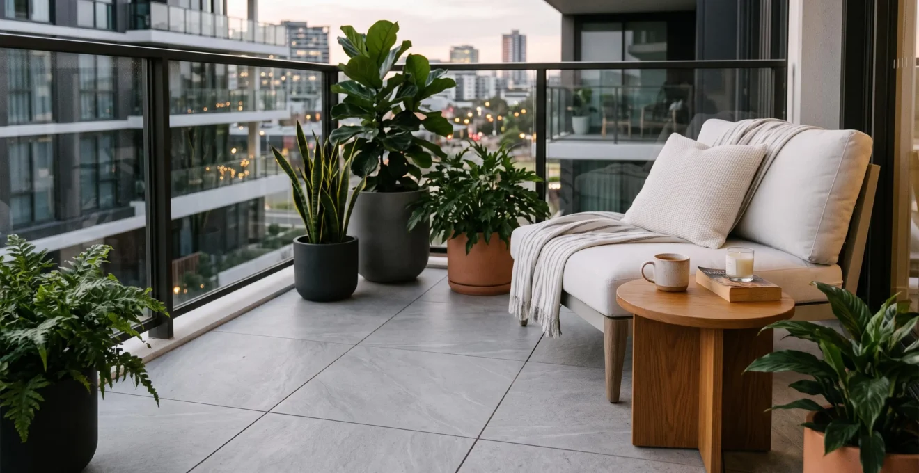 Coin détente sur un balcon contemporain avec carrelage en grès cérame gris clair, fauteuil lounge et plantes vertes