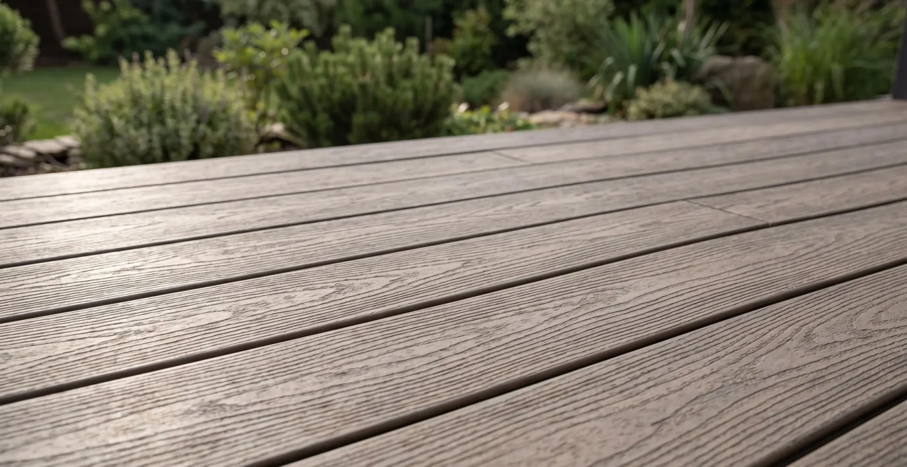 Gros plan sur des lames de terrasse en bois composite écologique installées avec un espacement régulier, texture naturelle visible