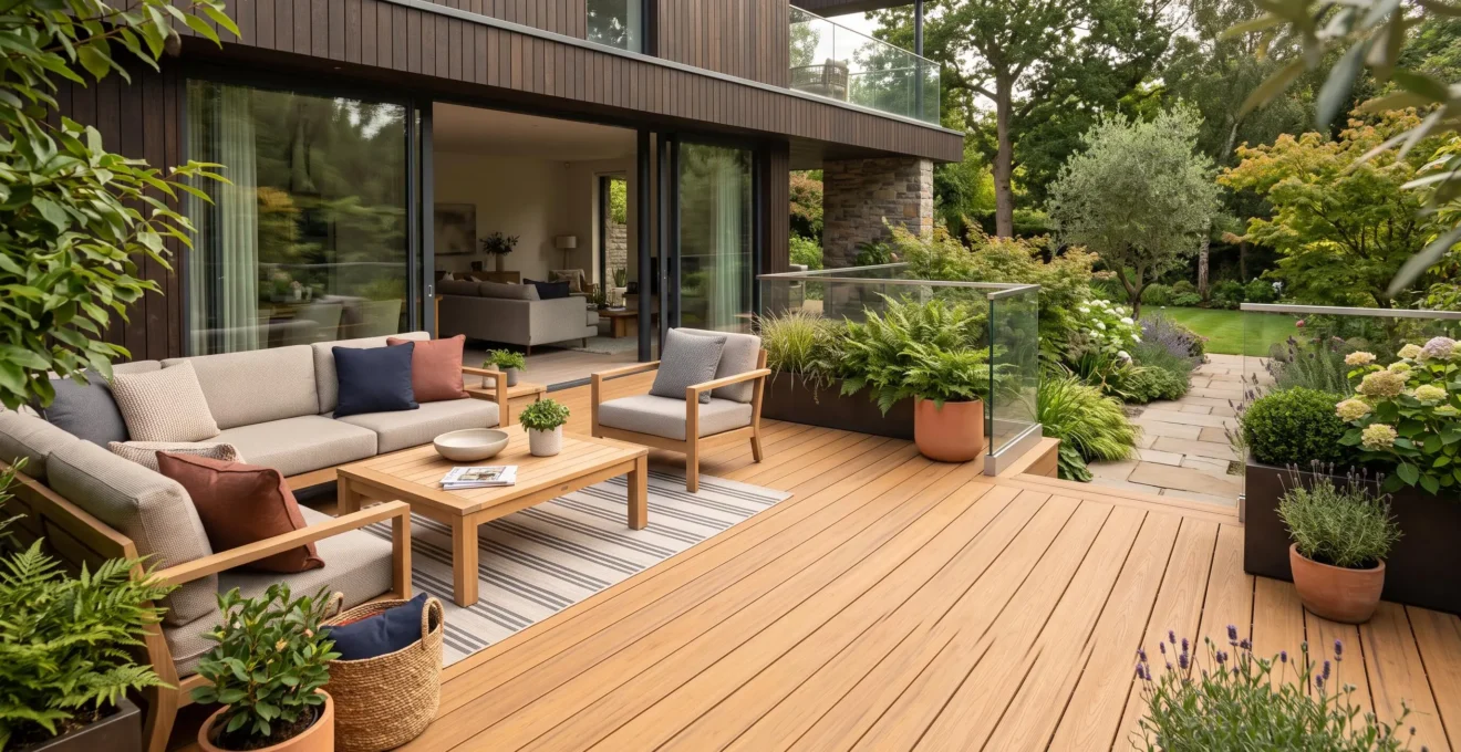 Terrasse extérieure moderne aménagée avec un revêtement en lames de bois composite, mobilier de jardin et plantes vertes