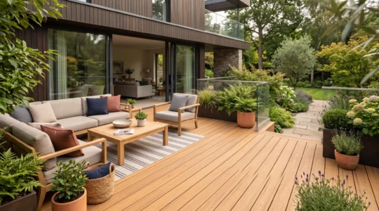 Terrasse extérieure moderne aménagée avec un revêtement en lames de bois composite, mobilier de jardin et plantes vertes